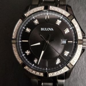 Bulova 42mm Men's Black Diamond Quartz Dress Watch Swarovski - Model 98E116
